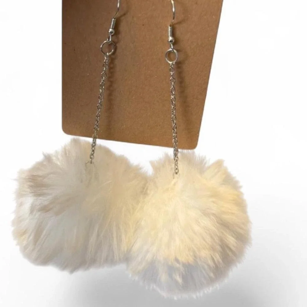 White Faux Fur Pom‎ Pom Dangle Earrings